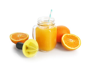 Tasty orange juice in mason jar, plastic juicer and fresh fruits isolated white