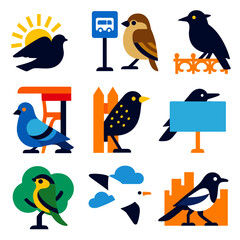 City Birds Icons. Flat vector icons of city birds: dove in silhouette with rising sun, sparrow beside bus stop, blackbird on iron