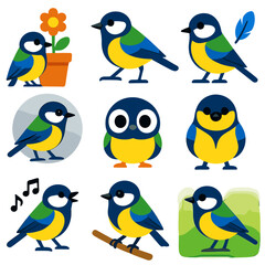 Fototapeta premium Cheerful Tit Icons. Flat vector icons of tit birds: tit next to flower pot, tit walking on ground, tit with feather floating. Tit