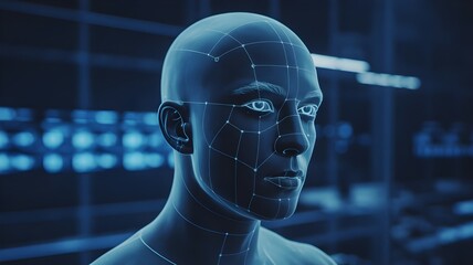 Futuristic digital human face with glowing grid lines, representing AI and technology advancement.