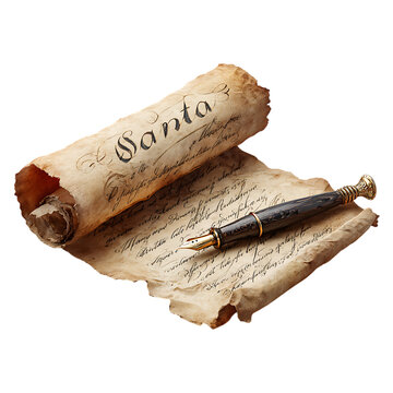 Old parchment scroll with santa s naughty or nice list and a quill pen isolated on transparent background