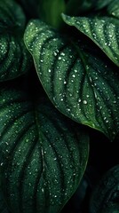 Dew-kissed leaves, garden closeup, lush green backdrop, nature texture
