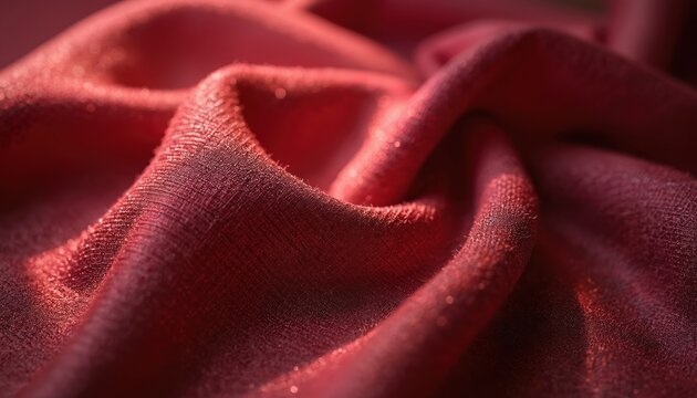 Close-up textured red fabric with intricate weave details. Natural light highlights luxurious, silky material. Offers softness, fine craftsmanship, elegance, rich color. Ideal for fashion apparel,