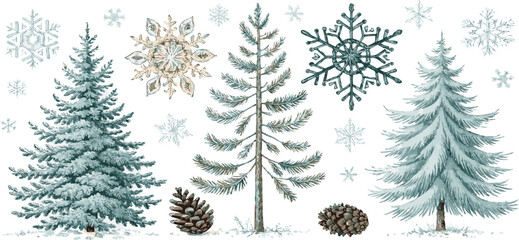 Watercolor winter forest scene with snow covered pine trees snowflakes and pine cones isolated on white background