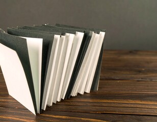 Stacked black and white folders on a wooden surface