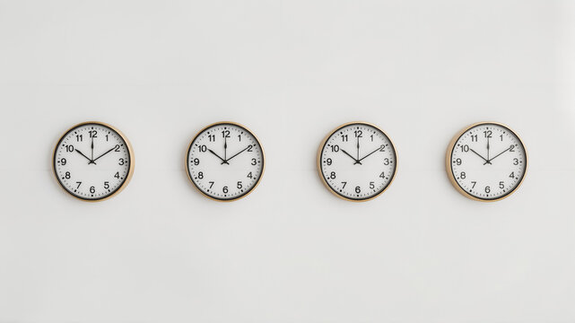Four identical round wall clocks displaying the same time on a plain white background round clock analog clock