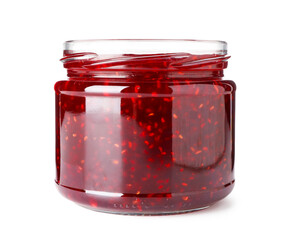 Sweet raspberry jam in glass jar isolated on white