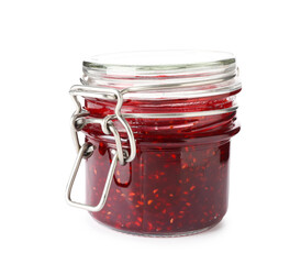 Sweet raspberry jam in glass jar isolated on white