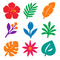 Tropical Floral Icons. Flat vector icons of tropical black floral patterns: hibiscus bloom icon, palm leaf silhouette, banana leaf