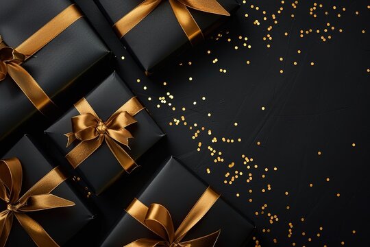 Photo of black gift boxes with golden ribbon bow tag and golden confetti on isolated black background with blank space. New year.royal, luxury rule of third