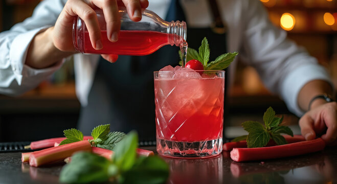 Bartender prepares rhubarb vodka cocktail during virtual class. Learn drink recipes, mixing techniques and flavor pairings for unique refreshments. Master mixology skills at home with expert tips.