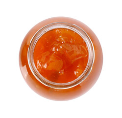Tasty apricot jam in jar isolated on white, top view