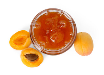 Tasty apricot jam in jar and fresh fruits isolated on white, top view