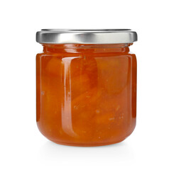 Tasty apricot jam in jar isolated on white