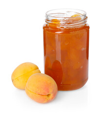Tasty apricot jam in jar and fresh fruits isolated on white