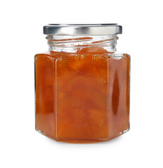 Tasty apricot jam in jar isolated on white