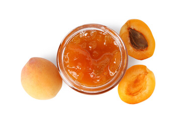 Tasty apricot jam in jar and fresh fruits isolated on white, top view