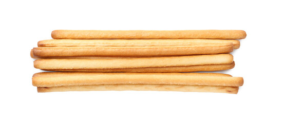 Delicious grissini sticks isolated on white, top view