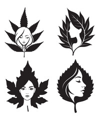 Elegant Female Silhouette Faces in Artistic Leaf Designs.