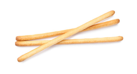 Delicious grissini sticks isolated on white, top view