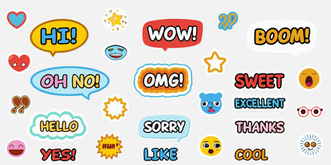 Collection of colorful speech bubbles with positive and negative expressions