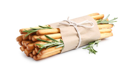 Delicious grissini sticks with rosemary isolated on white