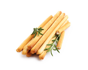Delicious grissini sticks with rosemary isolated on white
