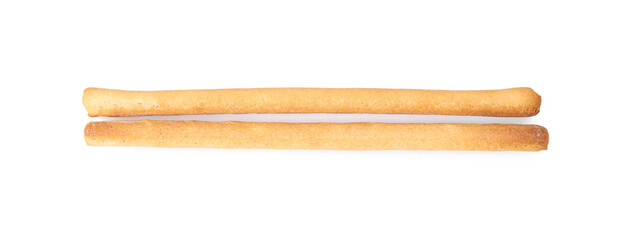 Delicious grissini sticks isolated on white, top view