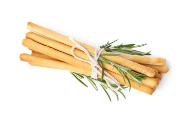 Delicious grissini sticks with rosemary isolated on white, top view