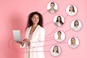 Recruiter with laptop looking for employee against pink background. Photos of candidates near her. Human resources management