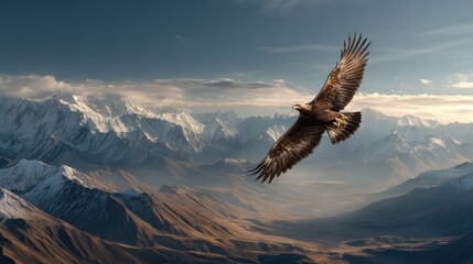 Naklejka premium Golden Eagle Soaring Over Snowy Mountains at Sunrise