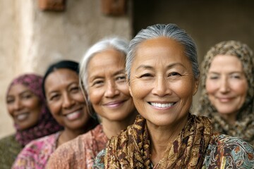 Group of smiling women sharing joy and camaraderie during a cultural gathering in a warm, sunlit courtyard