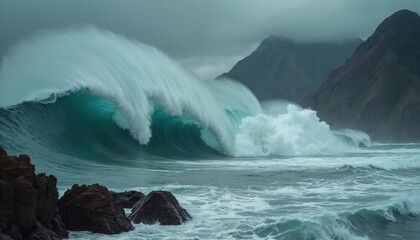 Massive ocean wave crashes with immense power against rugged coastal mountains under stormy sky. Teal water churns with white foam, showcasing nature raw energy, dynamic movement against rocky cliffs.