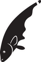 Black silhouette of a fish swimming downwards with a white eye