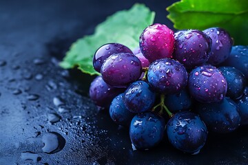 Close up of a cluster of fresh dew kissed purple grapes with vibrant green leaves on a dark surface