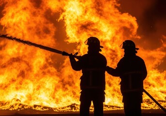 Obraz premium Two firefighters battling a massive fire with water hose. They are silhouetted against the roaring flames