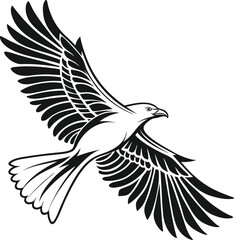 Obraz premium black and white, simple, minimalist, bird silhouette, flying, detailed, wing span, graphic design, vector art, digital illustration