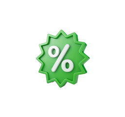 3D Vibrant Green Discount Tag Icon with White Percentage Symbol and Starburst Shape – Sale, Promotion, and Retail Discount Badge on White Background

