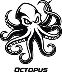 Fierce and menacing black and white illustration of a stylized octopus with sharp eyes and swirling tentacles suitable for graphic design and tattoos