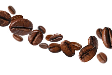 Roasted coffee beans flying against white background