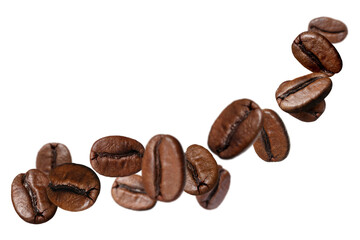 Roasted coffee beans flying against white background