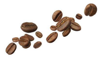 Roasted coffee beans flying against white background