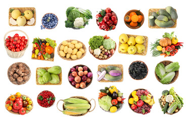 Fresh vegetables, berries and fruits in wicker baskets isolated on white, set