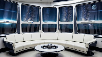 Obraz premium Futuristic spaceship lounge interior with panoramic windows