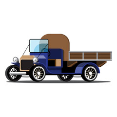 Classic vintage blue pickup truck with a wooden bed illustration