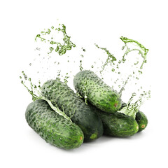 Fresh cucumbers and splash on white background