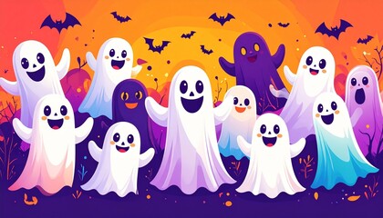 Naklejka premium festive gathering ghosts cartoon characters celebrate halloween bright vector colors bold lines lively