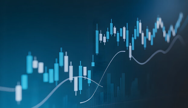 Financial Chart Dynamics: Dynamic financial chart visualization showcasing market trends, stock movements, and the intricate dance of numbers against a sleek blue backdrop. - Powered by Adobe
