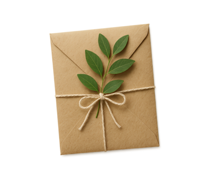 Rustic kraft paper envelope tied with twine and decorated with a green leafy branch isolated on transparent background