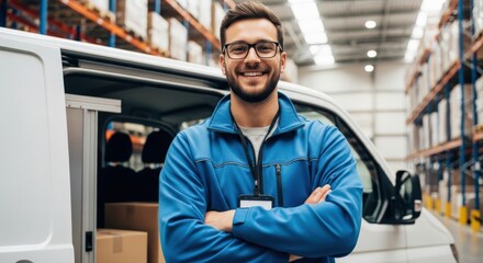 Smiling delivery man, ready to deliver packages. The man is standing in front of his van, smiling confidently, and surrounded by shipping boxes, in a warehouse environment. 